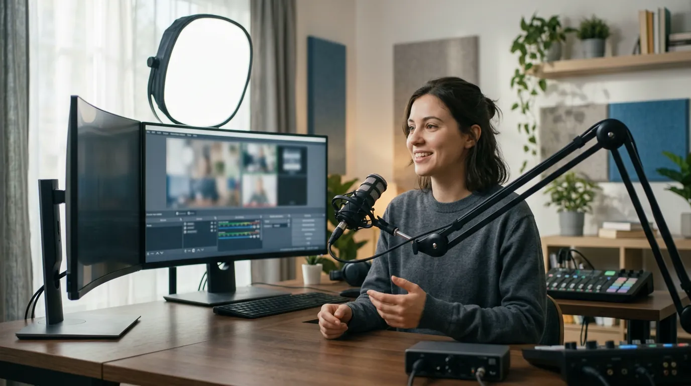 A professional PC streaming setup showing TikTok LIVE Studio on a monitor with a high-quality microphone and ring light in the background