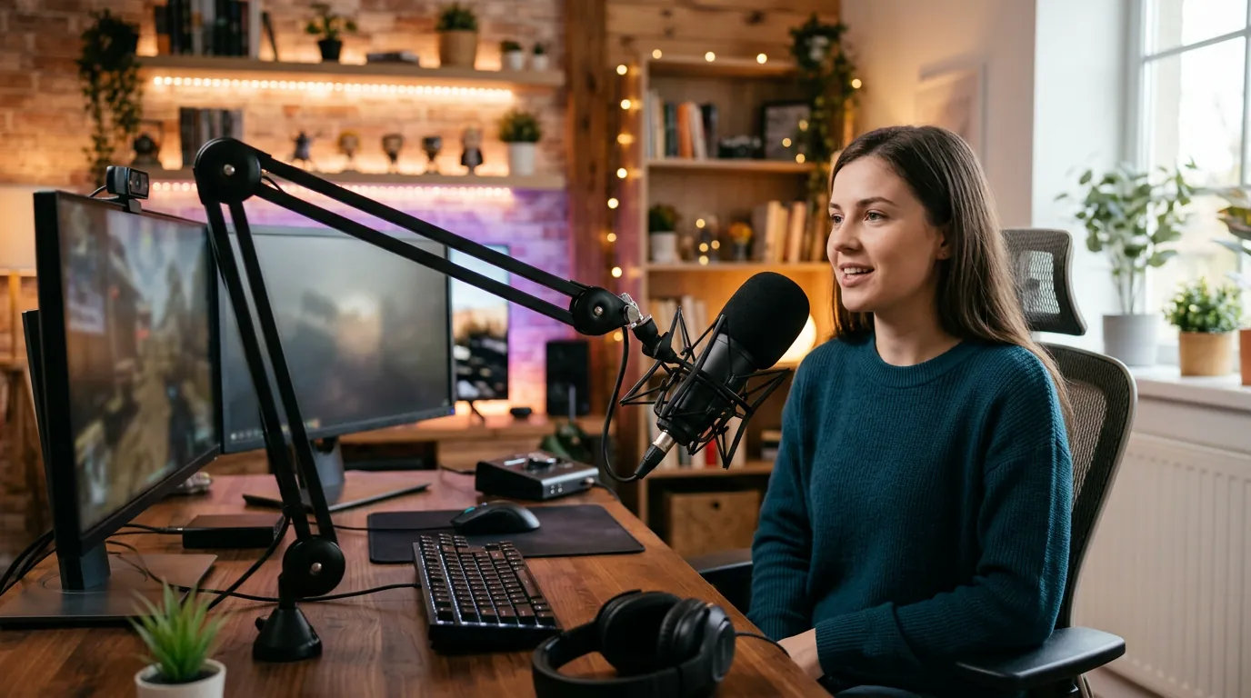 A professional condenser microphone on a boom arm in a cozy streaming room setup