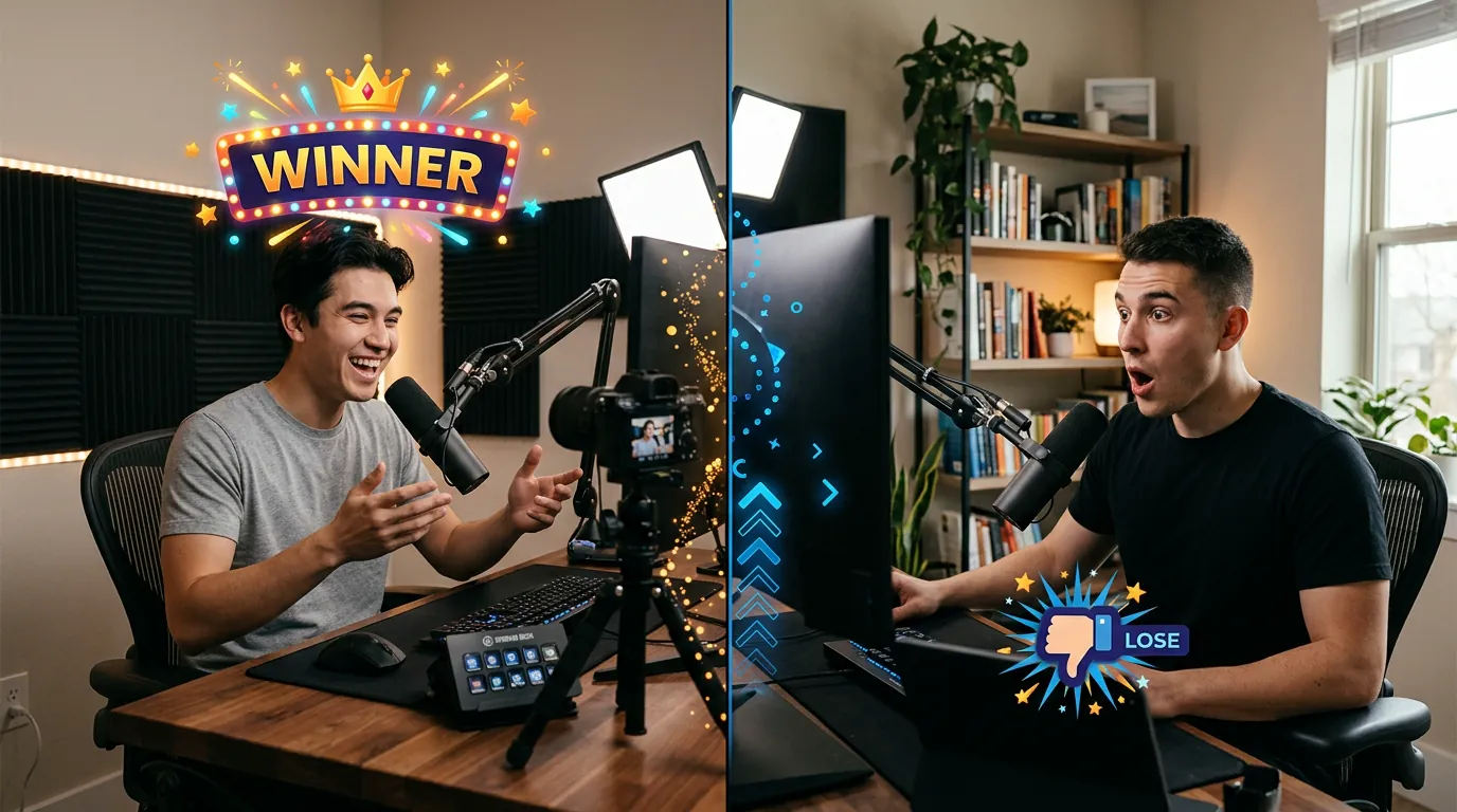 A split-screen TikTok LIVE PK battle with animated graphic overlays showing a winner celebration