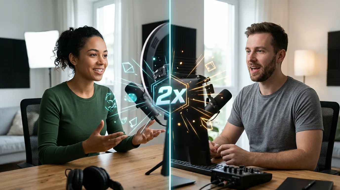 Osztott képernyős TikTok LIVE battle, ahol egyedi animált grafikák jelennek meg a streamer videóján egy 2x multiplier esemény alatt